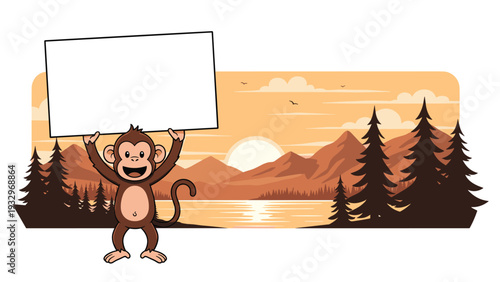 Cheerful monkey character stands in a serene mountain landscape at sunset holding a large blank white sign for your message.