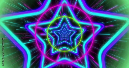 Neon stars shrinking into center, forming glowing tunnel with radial light streaks in vibrant hues