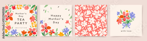 Cute set of festive cards with flowers. Vector templates for Mother's Day, Birthday, Easter, Women's Day March 8, social media post, invitation, greeting card, holiday banner, cover