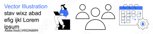 Business management, teamwork organization, work-from-home setup, scheduling, digital planning, productivity. A person on a laptop, team icons and a calendar with a gear. Remote work and team