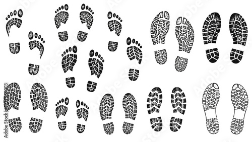 Various grunge-style imprints of human bare footprints and different types of shoe soles, representing movement, journey, and identity.