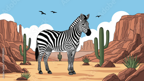 Majestic zebra stands amidst the red rock canyons and tall cacti of a desert landscape under a clear blue sky with soaring birds.