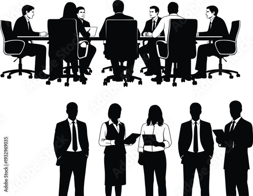 Team of business professionals is represented by two groups of silhouettes: one seated around a conference table and one standing.
