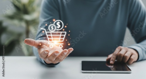 Glowing shopping cart icon with coins and dollar signs floating above an open hand, representing online shopping and e-commerce success, 3D render mockup for digital marketing.
