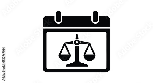 A black calendar page displays a scales of justice icon representing legal dates and courtroom proceedings silhouette high quality