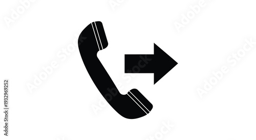 A black silhouette depicting a telephone handset combined with an arrow pointing right signifying communication high quality professional detailed