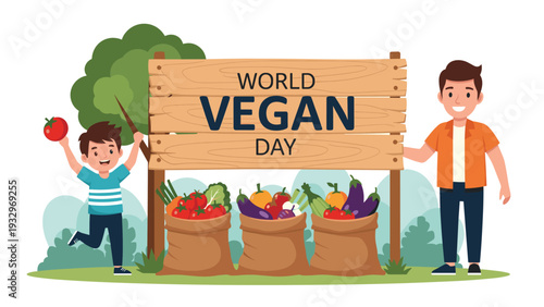 Cheerful boy and man celebrate World Vegan Day together in front of a wooden sign and bountiful sacks of harvested vegetables.
