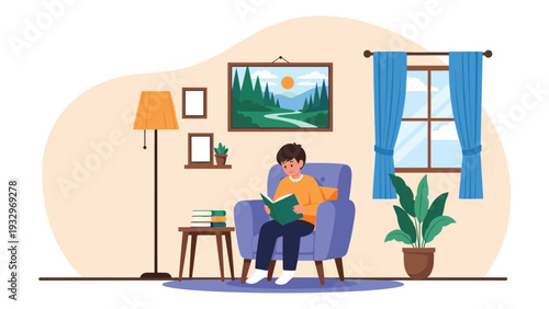 Focused young boy sits comfortably in a blue armchair reading a book in a brightly lit and well decorated modern living room.