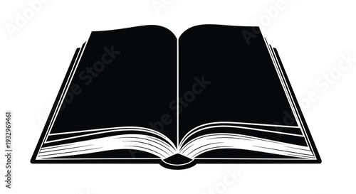 A stark simple depiction of an open book with blank pages presented as a bold graphical silhouette high quality