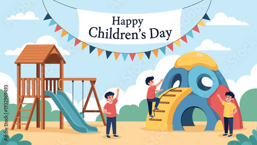 Group of happy children plays on a colorful modern playground structure under a festive Happy Childrens Day banner.