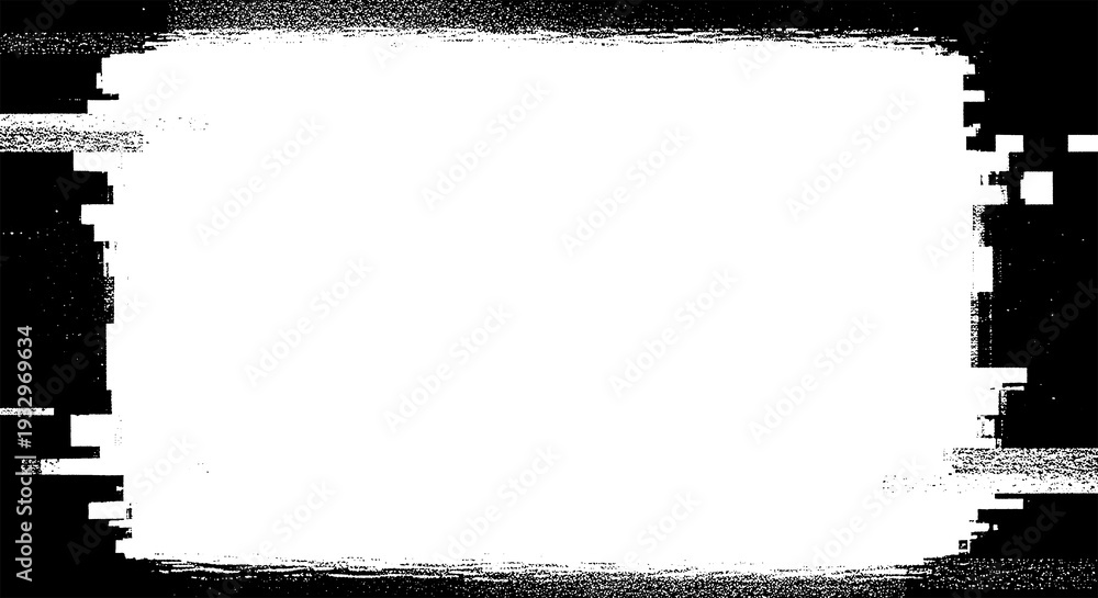Foto Distorted white frame on black background with digital glitch effect, corrupted