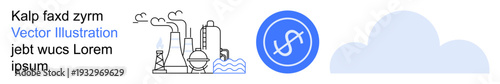 Industry, economy, digital connection, sustainability, finance, and technology. Factory emitting smoke, circular dollar sign and cloud. Industry and economy iconography