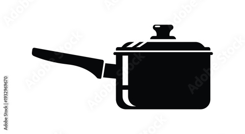 A stark black silhouette depicts a classic saucepan with handle and lid showcasing minimalist kitchenware silhouette high quality professional