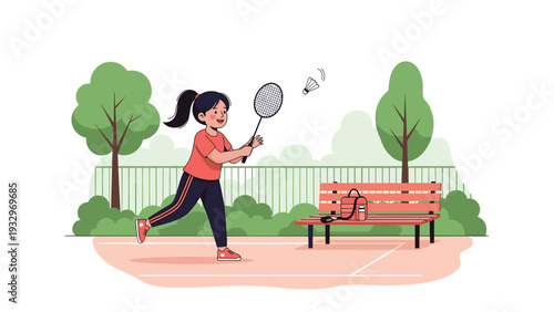 Active young girl focuses on hitting a shuttlecock during a badminton game on an outdoor court surrounded by lush green trees.