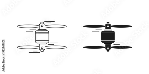 Two quadcopter drones in different flight orientations with visible cameras