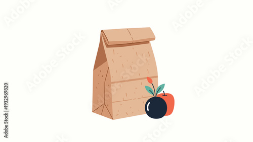 Simple brown paper lunch bag accompanied by a fresh red apple and a black stone with a flower, symbolizing a healthy packed meal.