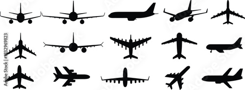 Diverse Airplane Silhouettes Showing Different Models and Views on White Background aircraft