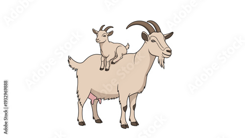 Affectionate illustration of a mother goat standing gracefully with her adorable baby goat riding on her back, symbolizing maternal love.