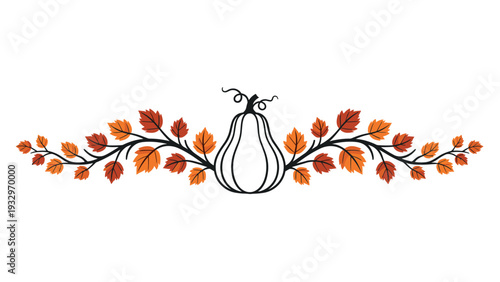 Elegant autumn border featuring a black outline pumpkin surrounded by vibrant orange and brown fall leaves and winding vines, perfect for seasonal designs.
