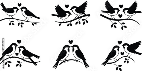 Bird couple silhouettes perched on branches with hearts and leaves for romance, love, wildlife, nature, and design themes
