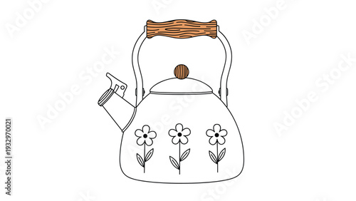 Charming white stovetop kettle adorned with a simple floral pattern and a rustic wooden handle, blending functionality with aesthetic appeal.