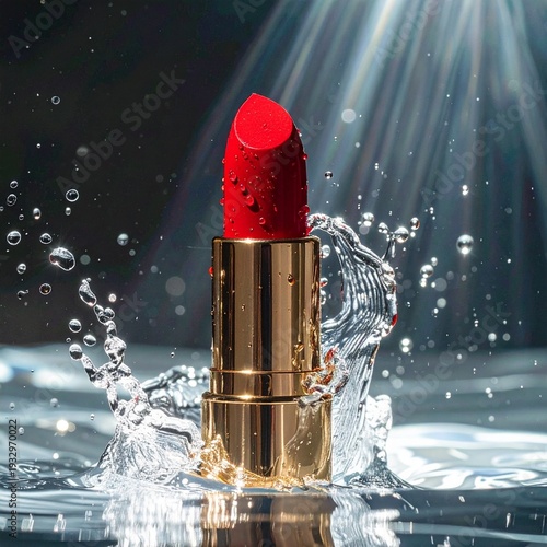 A red lipstick emerging from clear water with bubbles and soft light rays, dark background, beauty product commercial photography