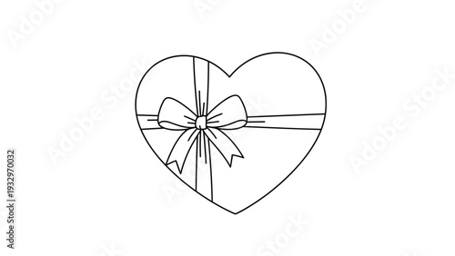 Romantic black and white outline drawing of a heart-shaped gift box tied with a decorative bow, symbolizing love and thoughtful presents.