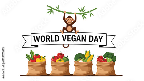 Playful monkey hangs from a bamboo branch over a World Vegan Day banner with sacks of fresh healthy vegetables below.