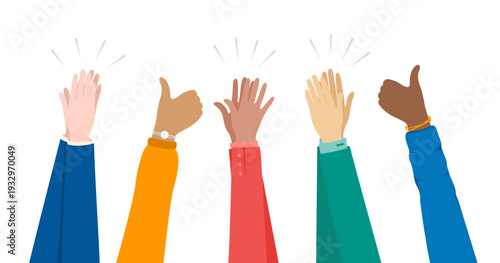 Applauding hands up. Vector horizontal border of clapping different people.