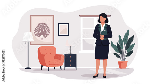 Confident business woman stands in a modern office or living room holding a folder near a comfortable armchair and plant.