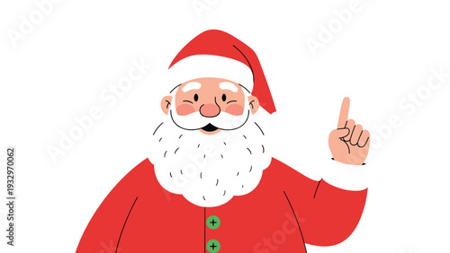 Cheerful Santa Claus with a big white beard and red hat, happily pointing upwards, conveying a sense of direction or positive surprise.