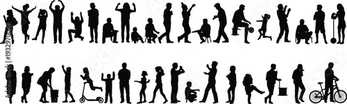 Diverse silhouettes of people performing various actions, including sports, work, and leisure vector
