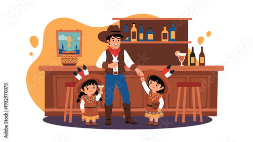 Friendly cowboy welcomes two young children dressed in traditional native american costumes at a rustic wooden bar counter.