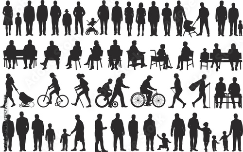 Diverse group of people in silhouette walking sitting and pushing strollers Keywords: silhouette, people, group, walking