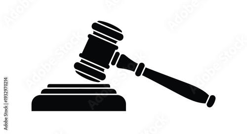 A stark black silhouette of a traditional gavel resting on its sound block symbolizing justice and legal proceedings silhouette