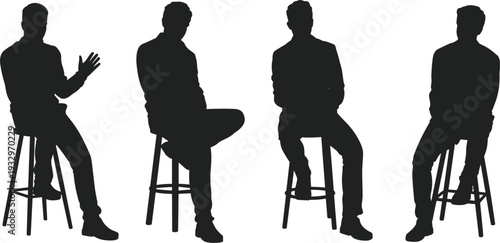 Four black silhouettes of men sitting on stools in different poses Keywords: men, silhouette, sitting, stool, seated, pose
