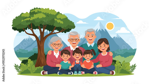 Large multi-generational family smiles together for a portrait in a beautiful park with majestic snow capped mountains.