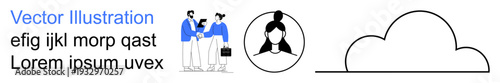 Teamwork, user identity, digital storage, online communication, data sharing, profile recognition. Two people interact, user profile icon cloud graphic. Teamwork and user identity theme