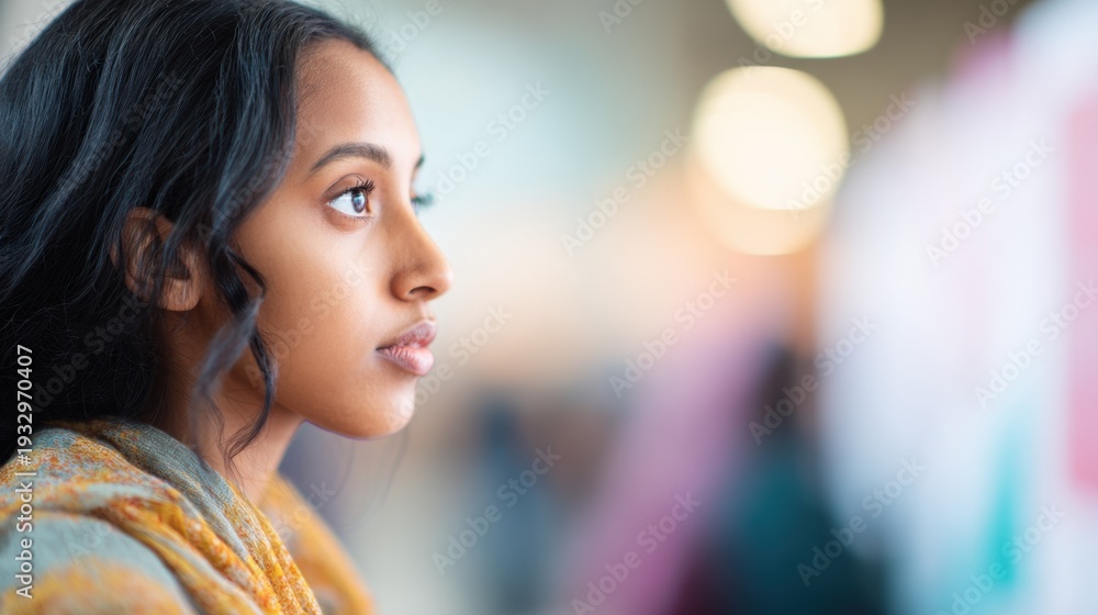 Obraz premium Young woman looks thoughtfully while attending event in community center