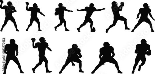 American football player silhouettes vector set, athlete action poses throwing catching running sports illustration isolated on white