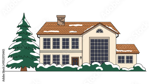 Charming winter house with a pitched roof, multiple windows, surrounded by snow-covered bushes and a tall pine tree, depicting a festive scene.
