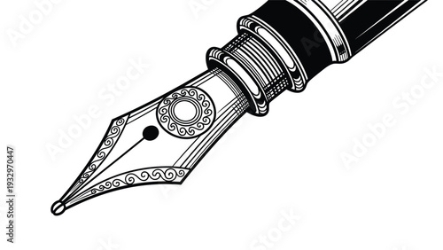 Close-up detail of an elegant fountain pen nib with intricate scrollwork and an ink dot, symbolizing refined writing and craftsmanship.