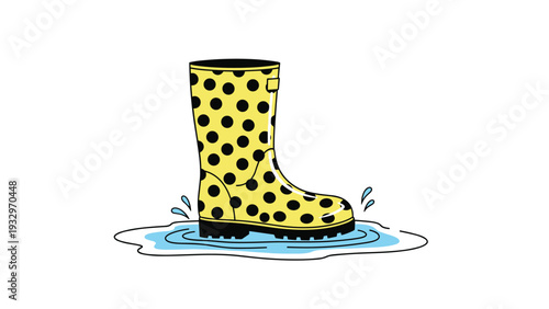 Vibrant yellow polka dot rain boot splashing in a puddle of water, conveying a cheerful and playful mood on a wet day.