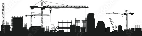 Silhouette of a city skyline under construction with cranes and buildings vector illustration
