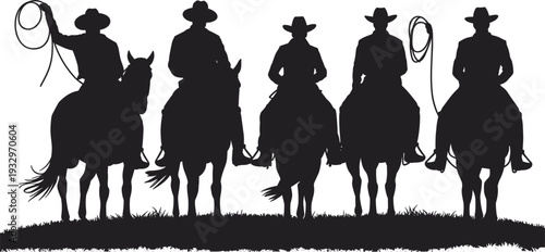 Silhouette of Five Cowboys on Horseback with Ropes on White Background rider western