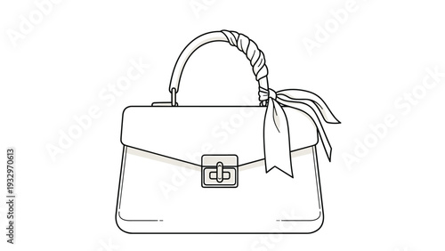 Elegant black and white line art illustration of a classic ladies' handbag with a stylish scarf playfully tied around one of its top handles, highlighting sophistication.