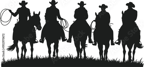 Silhouette of Five Cowboys Riding Horses with Ropes on White Background rider western