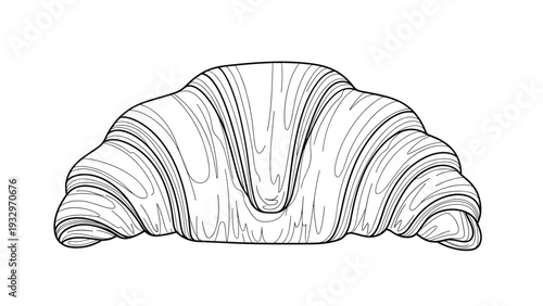 Elegant black and white line art illustration of a freshly baked croissant, showcasing its flaky layers and classic shape.