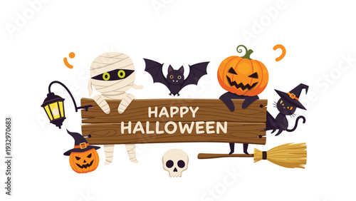 Spooky characters including a mummy bat and cat surround a wooden sign that says happy halloween with pumpkins.