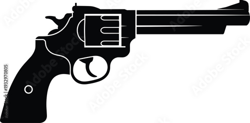 Revolver handgun silhouette with long barrel, cylinder, trigger, and grip design representing firearm weapon illustration for vector art